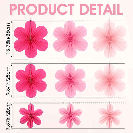 Pink paper fans and flowers party decorations set, featuring three sizes in shades of pink, arranged for hanging display.