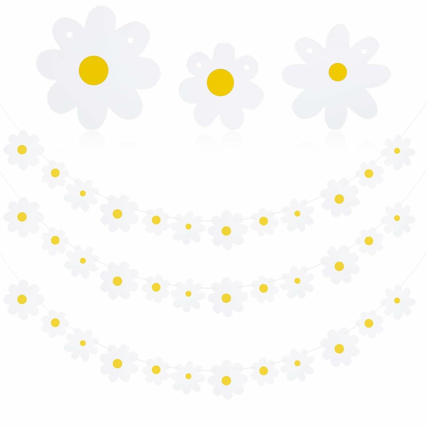 Daisy banner garland set with four pieces featuring white flowers and yellow centers, ideal for party decor.