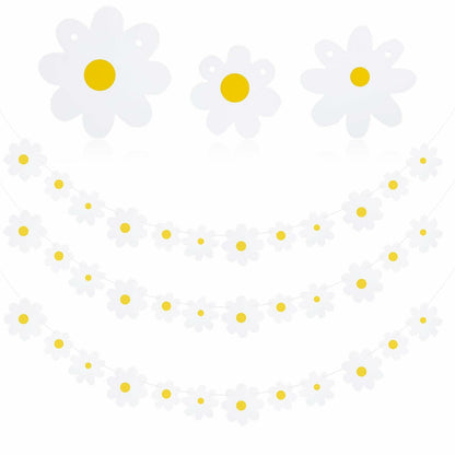 Daisy banner garland set with four pieces featuring white flowers and yellow centers, ideal for party decor.