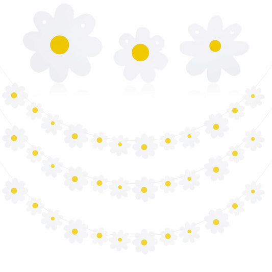 Daisy banner garland set with four pieces featuring white flowers and yellow centers, ideal for party decor.