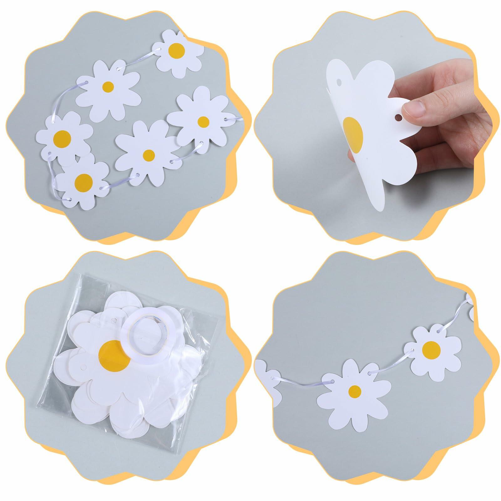 Daisy banner garland with white paper flowers and yellow centers, displayed in four angles on a gray background.