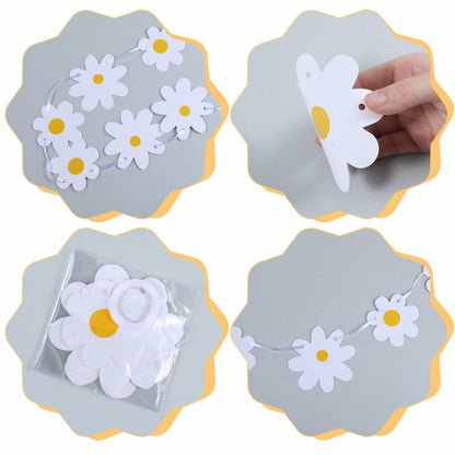 Daisy banner garland with white paper flowers and yellow centers, displayed in four angles on a gray background.