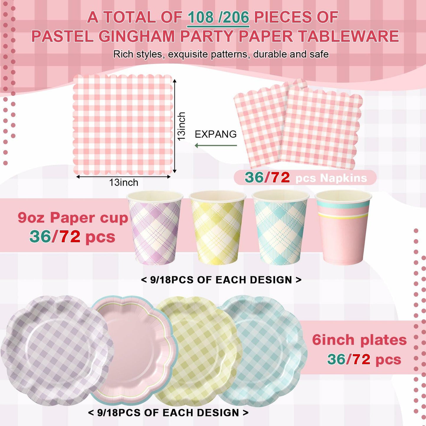 Gingham Party Tableware, 216 Pc