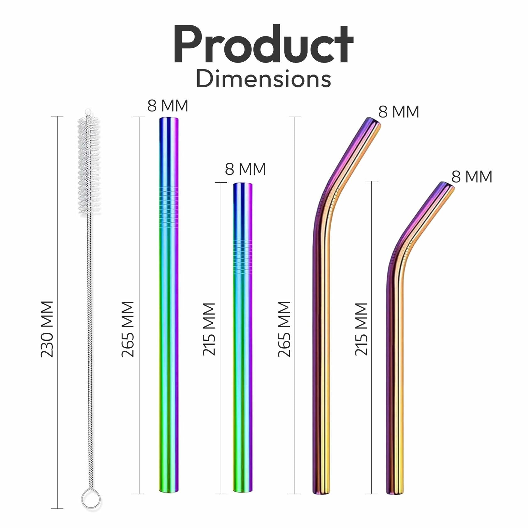 Reusable stainless steel drinking straws in rainbow colors, 10.5" and 8.5" lengths, with a cleaning brush included.