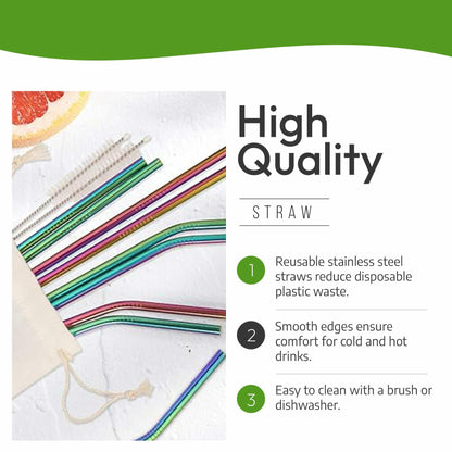 Reusable stainless steel drinking straws in rainbow colors, 10.5" and 8.5", with a storage case and cleaning brush.