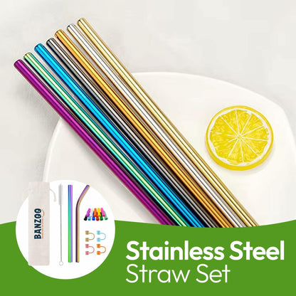 Reusable stainless steel drinking straws in rainbow colors, 10.5" and 8.5", displayed on a plate with a lemon slice.