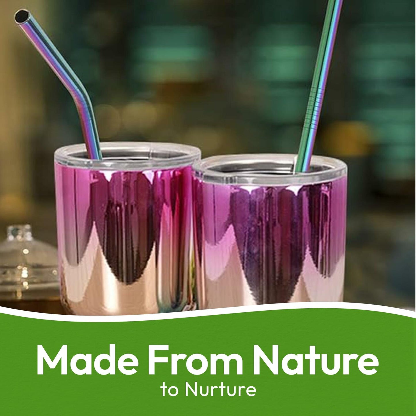 Reusable stainless steel drinking straws in rainbow colors, displayed in metallic cups with a green background.