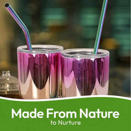 Reusable stainless steel drinking straws in rainbow colors, displayed in metallic cups with a green background.