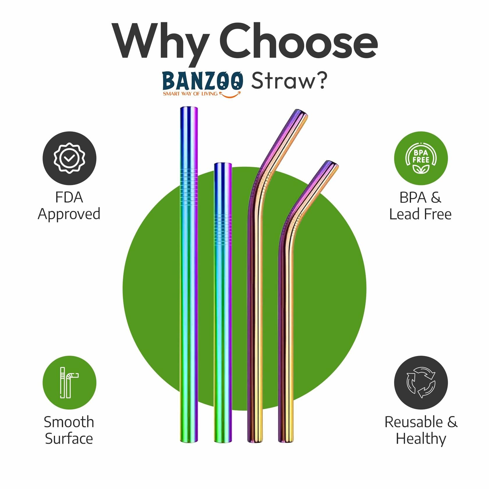 Reusable stainless steel drinking straws in rainbow colors, measuring 10.5" and 8.5", displayed with tips and case.
