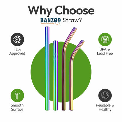 Reusable stainless steel drinking straws in rainbow colors, measuring 10.5" and 8.5", displayed with tips and case.