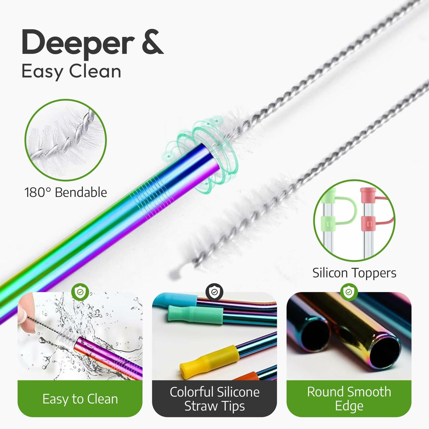 Reusable stainless steel drinking straws in rainbow colors, 10.5" and 8.5", with silicone tips and cleaning brush.