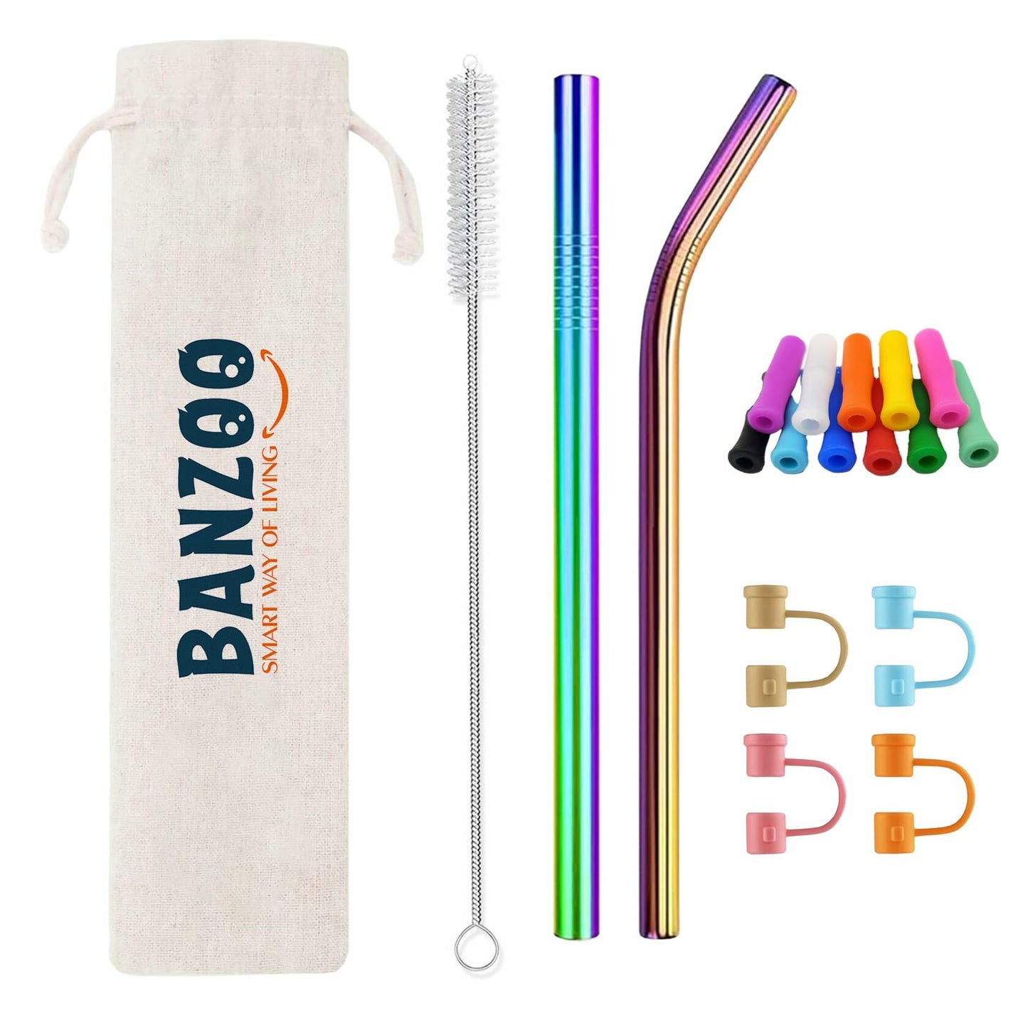 Reusable stainless steel drinking straws in rainbow colors, 10.5" and 8.5", with silicone tips and a storage case.