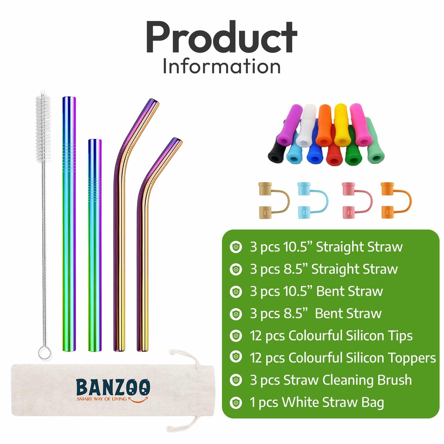 Reusable stainless steel drinking straws in rainbow colors, 10.5" and 8.5", with silicone tips and carrying case.