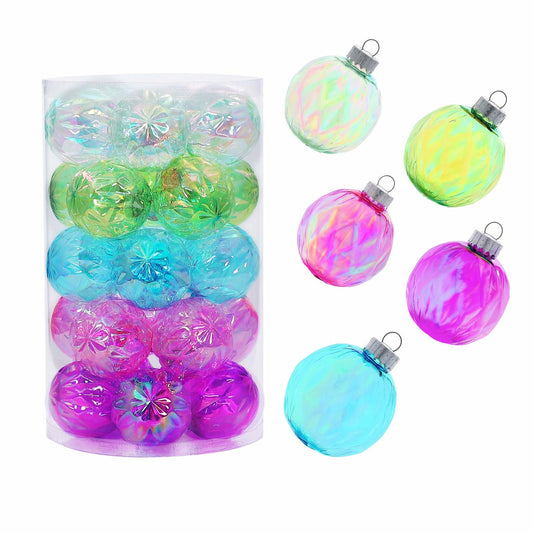 Shatterproof colored Christmas decoration balls in various shades of green, blue, and pink, displayed in a clear container.