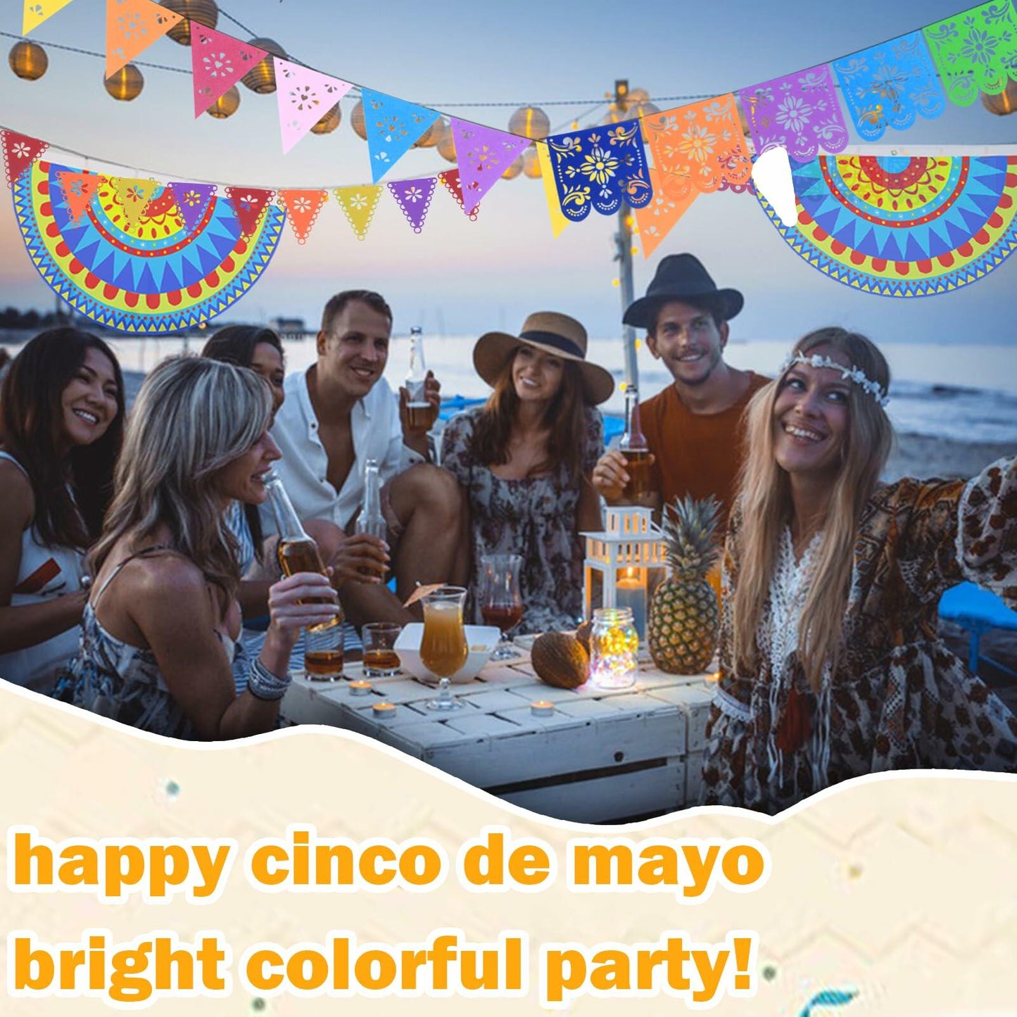 Colorful Cinco de Mayo centerpiece decorations with vibrant banners and party scene featuring people enjoying drinks.