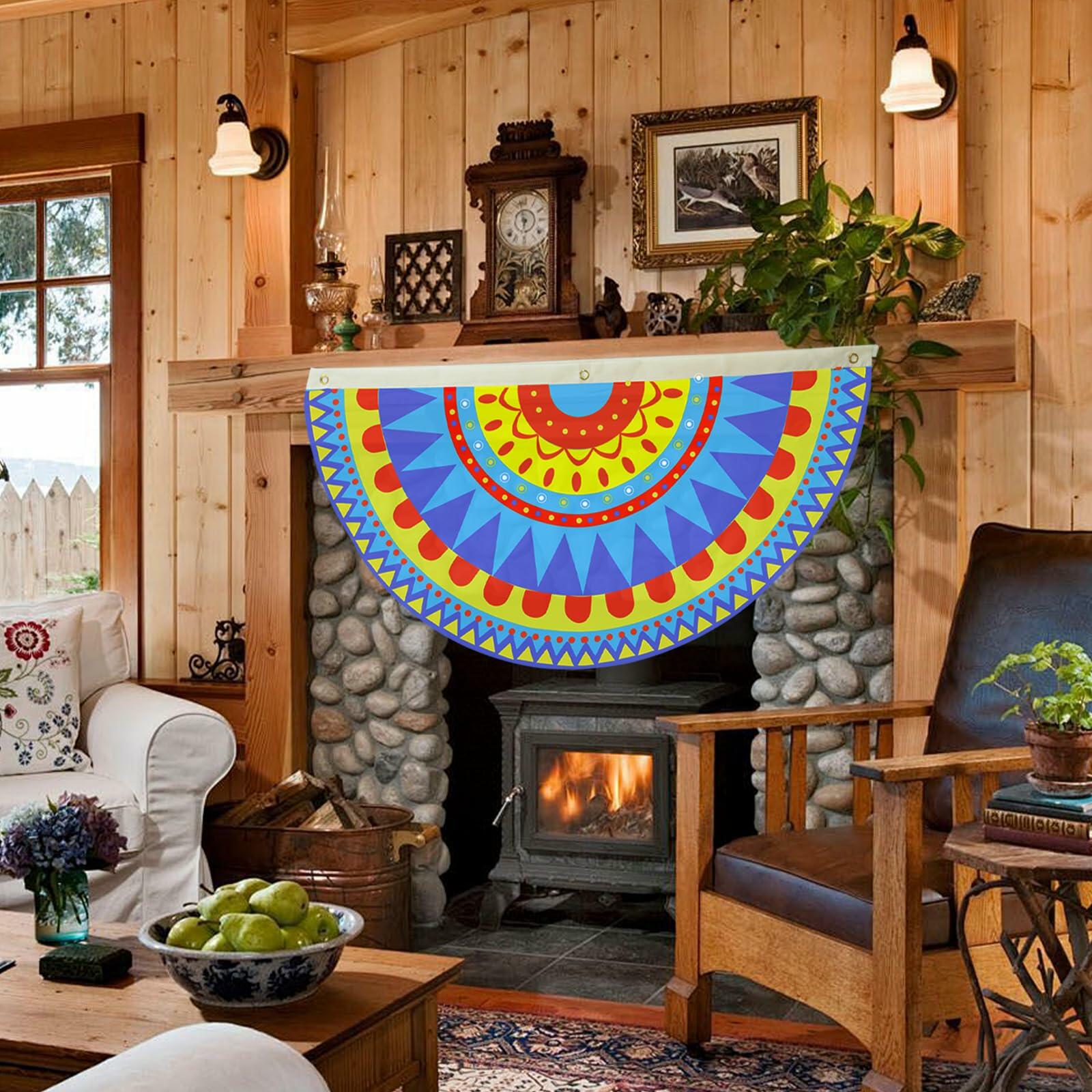 Colorful Fiesta Decorations centerpiece featuring a rainbow design, displayed above a stone fireplace in a cozy room.