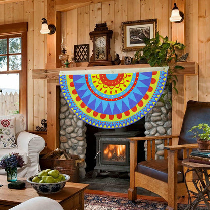 Colorful Fiesta Decorations centerpiece featuring a rainbow design, displayed above a stone fireplace in a cozy room.
