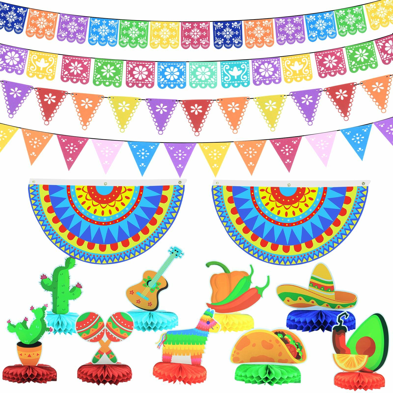 Colorful festive decorations including banners, cacti, guitar, and other items on a white background