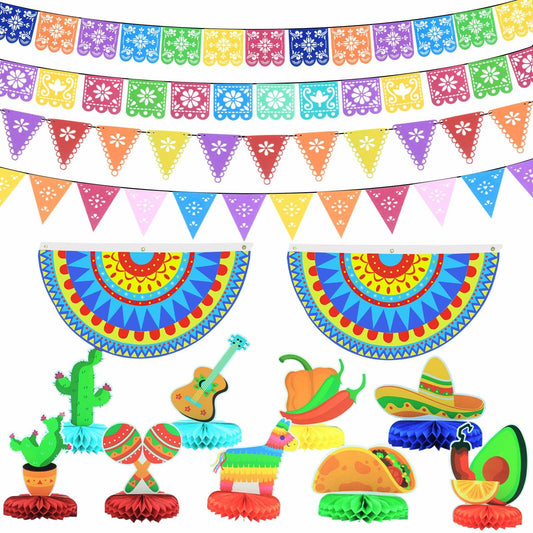 Colorful festive decorations including banners, cacti, guitar, and other items on a white background