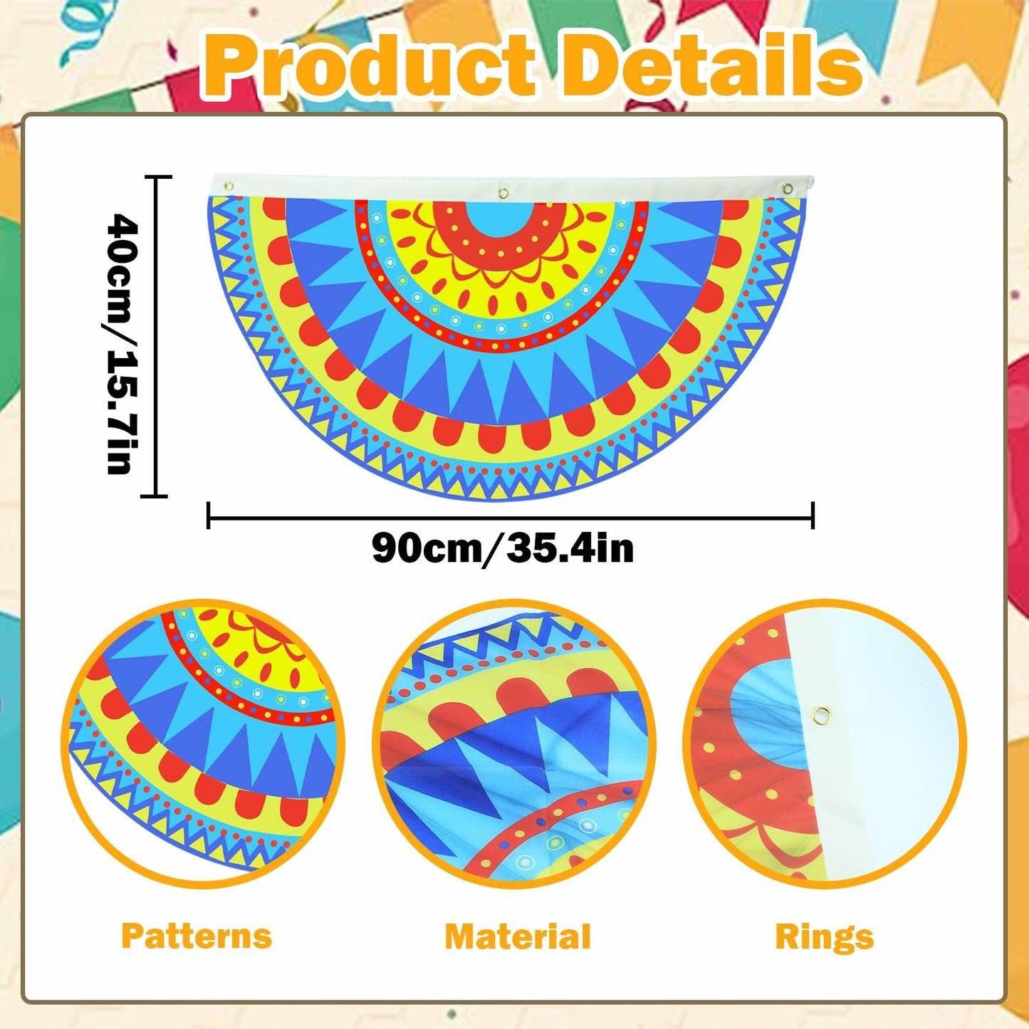 Fiesta decorations centerpiece featuring a colorful rainbow design with patterns, measuring 40cm by 90cm.