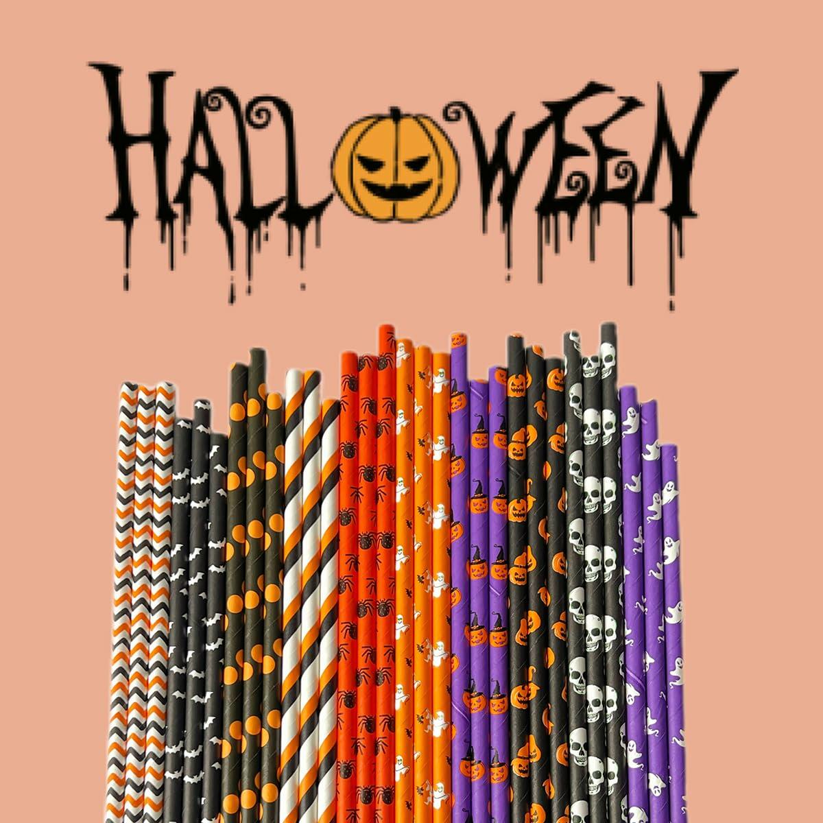 Biodegradable Halloween paper straws in mixed styles, featuring orange, black, and purple designs with festive patterns.