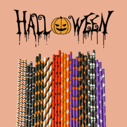 Biodegradable Halloween paper straws in mixed styles, featuring orange, black, and purple designs with festive patterns.