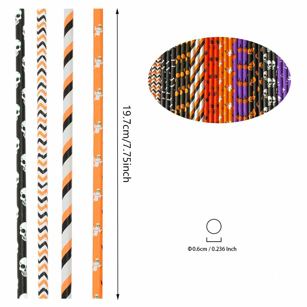 Biodegradable Halloween paper straws in mixed styles, featuring orange, black, purple, and white designs, 200 pieces total.