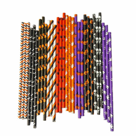 Halloween paper straws in mixed styles, featuring orange, black, purple, and white designs with skulls and pumpkins.