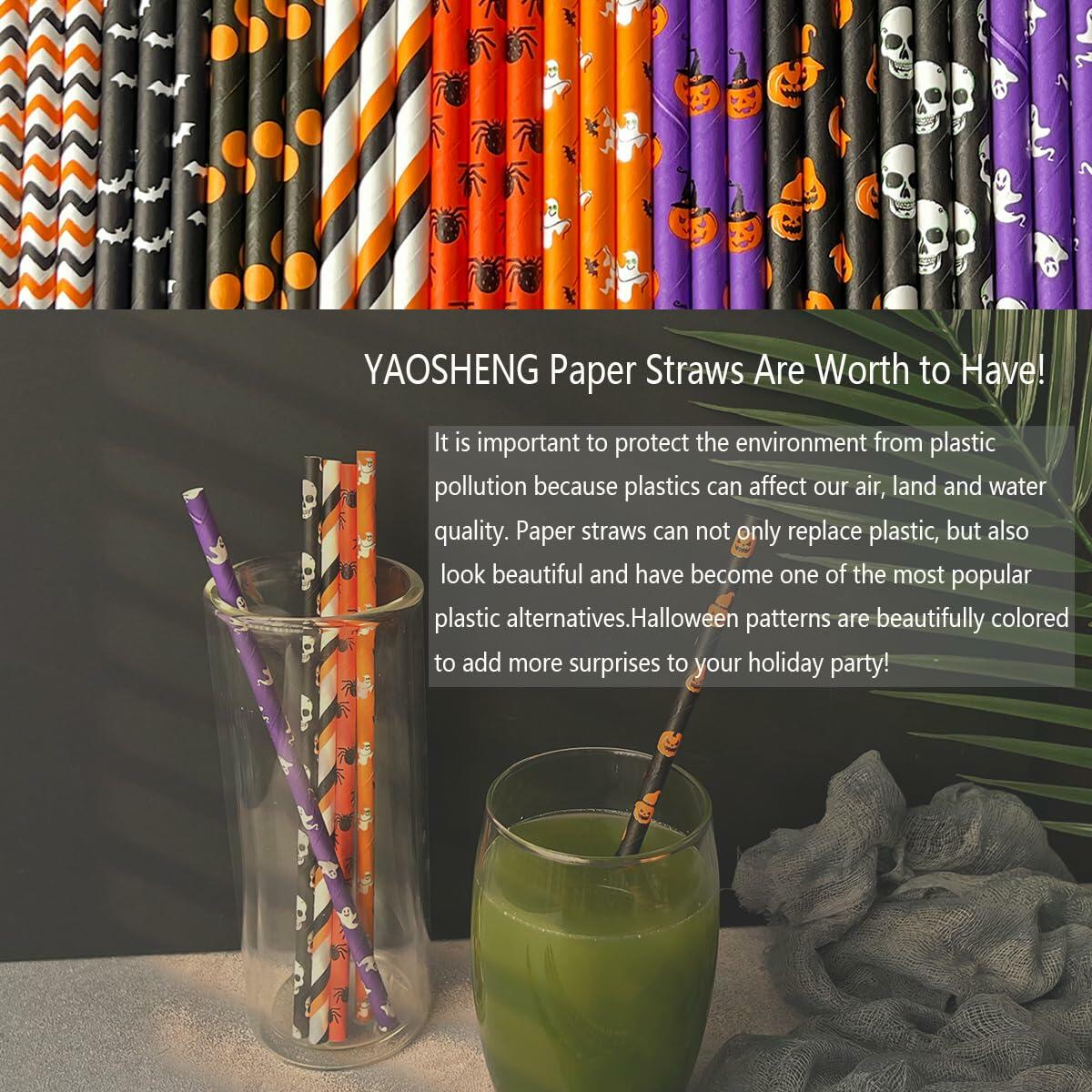 Halloween paper straws in mixed styles, featuring orange, black, and purple colors with spooky designs, arranged vertically.