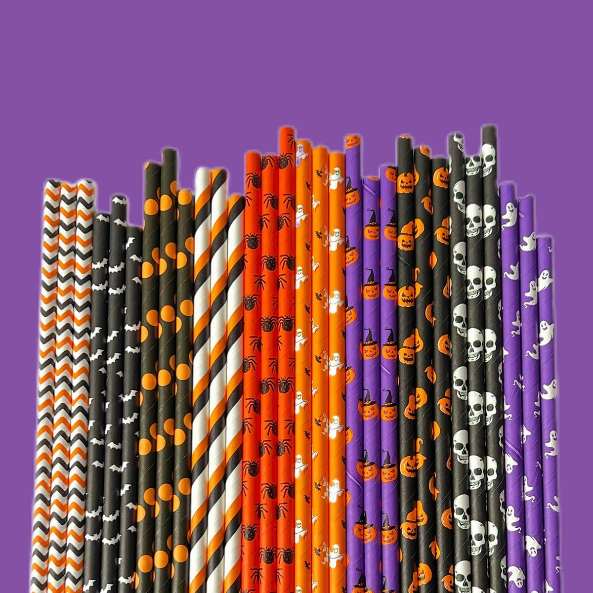 Biodegradable Halloween paper straws in mixed styles, featuring orange, black, purple, and white designs with various patt...