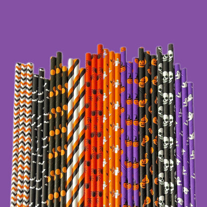 Biodegradable Halloween paper straws in mixed styles, featuring orange, black, purple, and white designs with various patt...