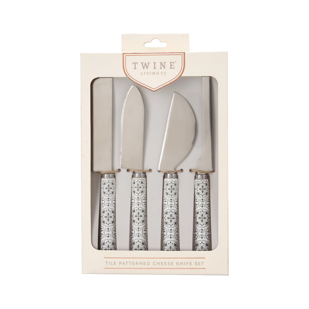 Twine Living four-piece tile-patterned cheese knife set in retail packaging.