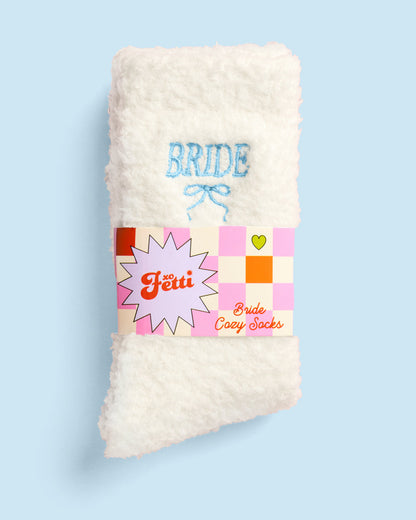 Ivory Fuzzy Crew Socks with Blue Bride Embroidery and Bow