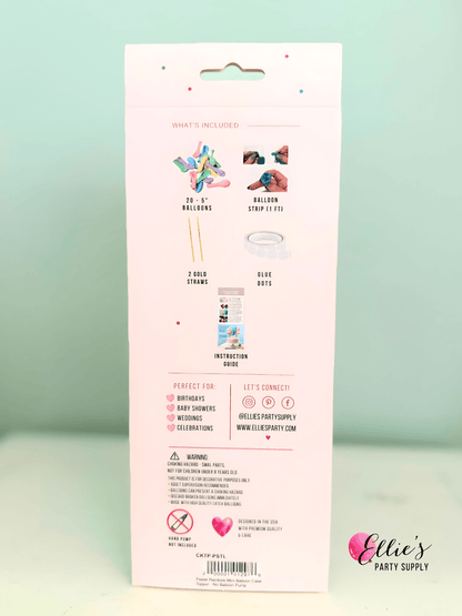 The back of a light pink retail package for a balloon garland kit, showing included items, small usage illustrations, and text. A pink and black 'Ellie's Party Supply' logo appears in the lower right corner.