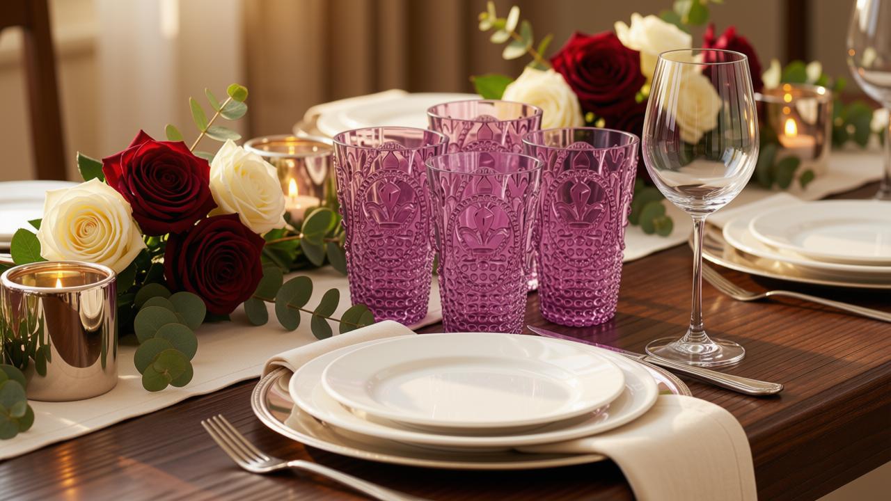 Dinner party tablescape featuring four plum colored tumblers.