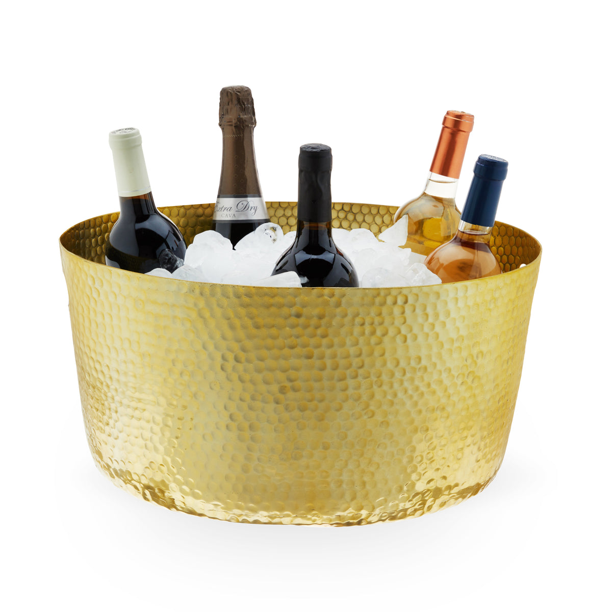 Hammered gold beverage tub holding five wine and sparkling wine bottles in ice on a white background.