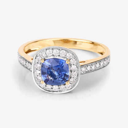 Blue Sapphire and White Diamond 18K Yellow Gold Ring, 1.31 Carat