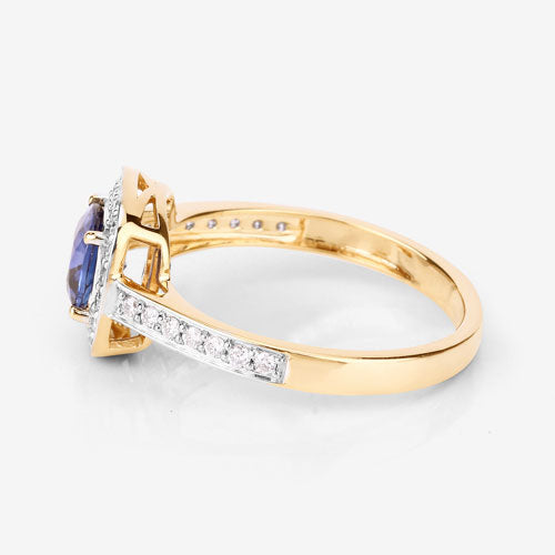 Blue Sapphire and White Diamond 18K Yellow Gold Ring, 1.31 Carat