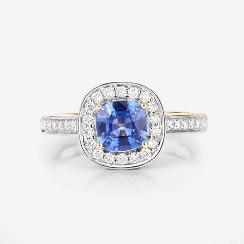 Blue Sapphire and White Diamond 18K Yellow Gold Ring, 1.31 Carat