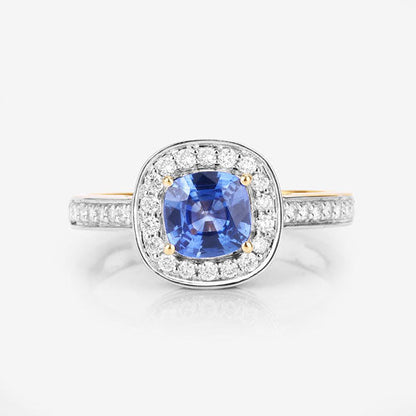 Blue Sapphire and White Diamond 18K Yellow Gold Ring, 1.31 Carat