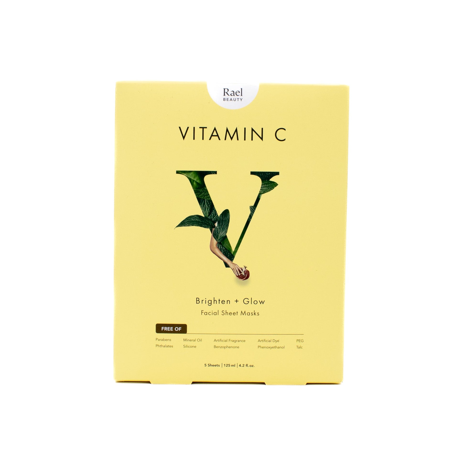 Yellow box of Rael Vitamin C Brighten + Glow Facial Sheet Masks on a white background