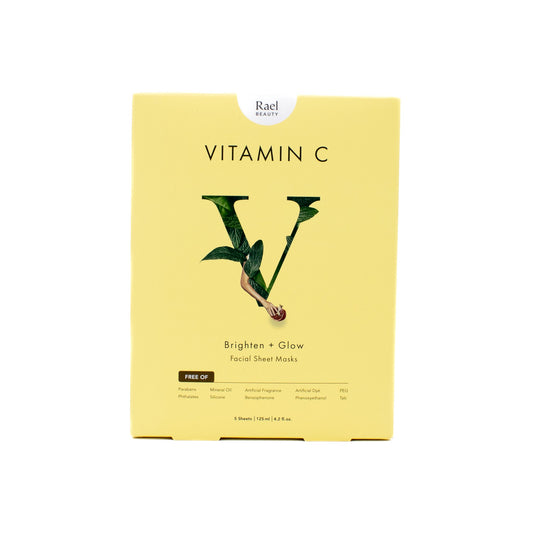 Yellow box of Rael Vitamin C Brighten + Glow Facial Sheet Masks on a white background