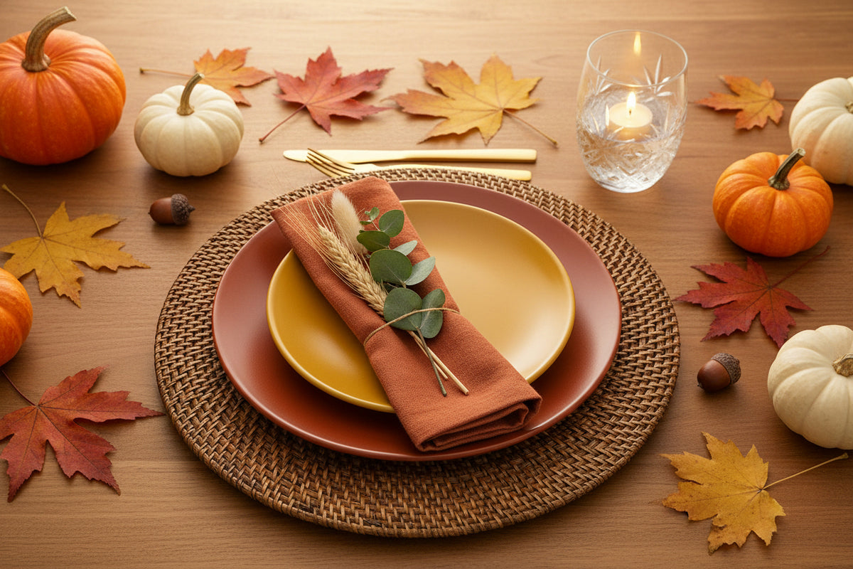 A fall inspired table setting featuring a round rattan placemant/charger plate.