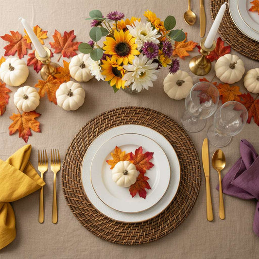 Fall party tablescape featuring a round rattan placemat.