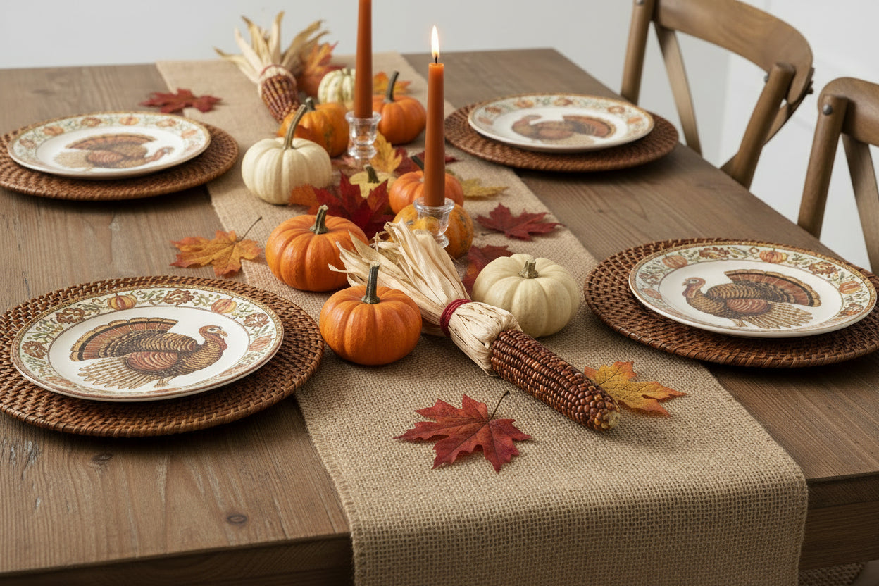 Set of four woven placemats on a fall themed tablescape.