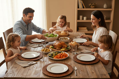 Harvest theme table with a family serving dinner.