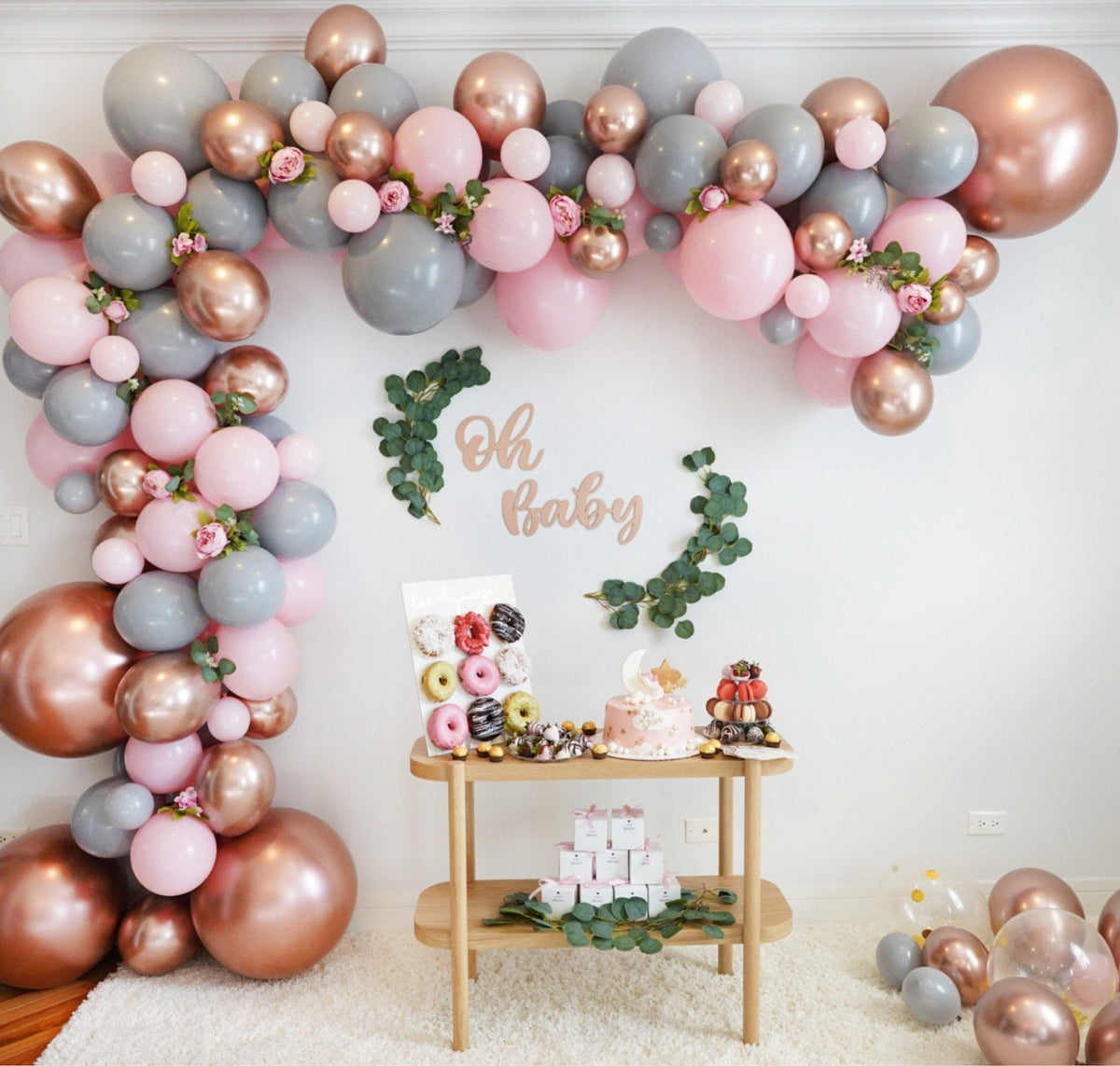 Pink, grey, rose gold balloon arch.
