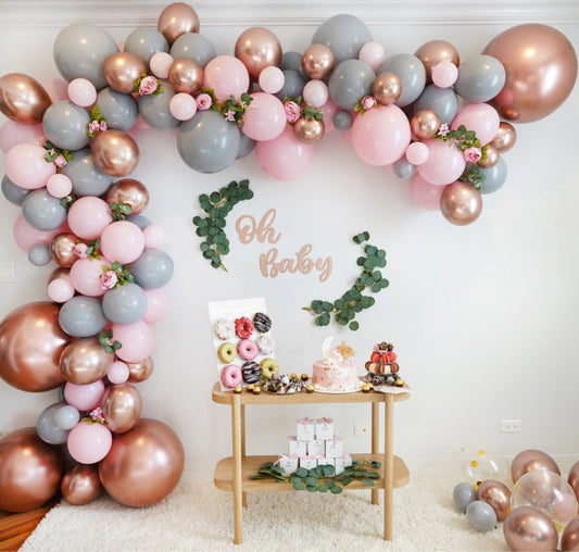 Pink, grey, rose gold balloon arch.