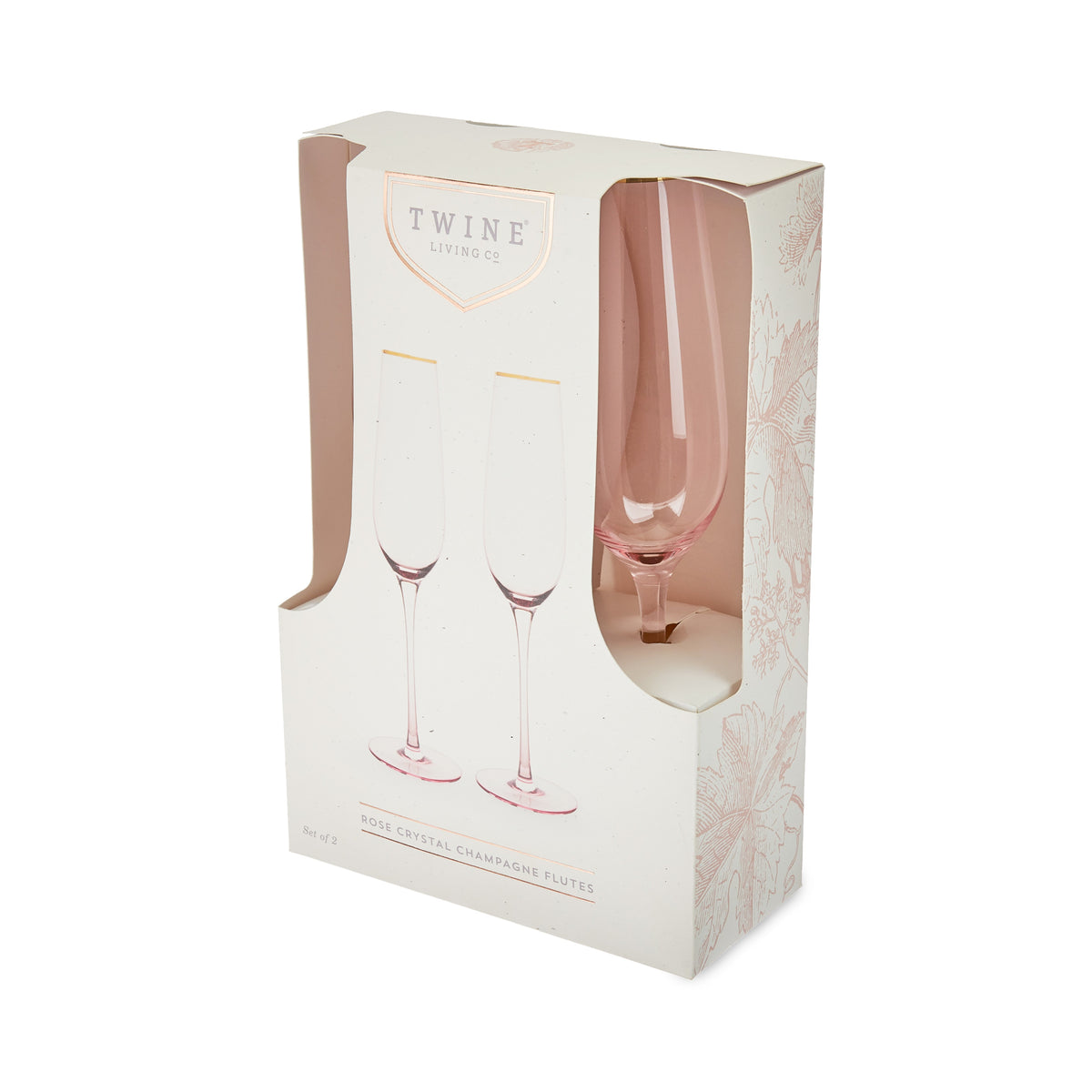 Packaged pink wine glasses with 'Twine' branding on a white background