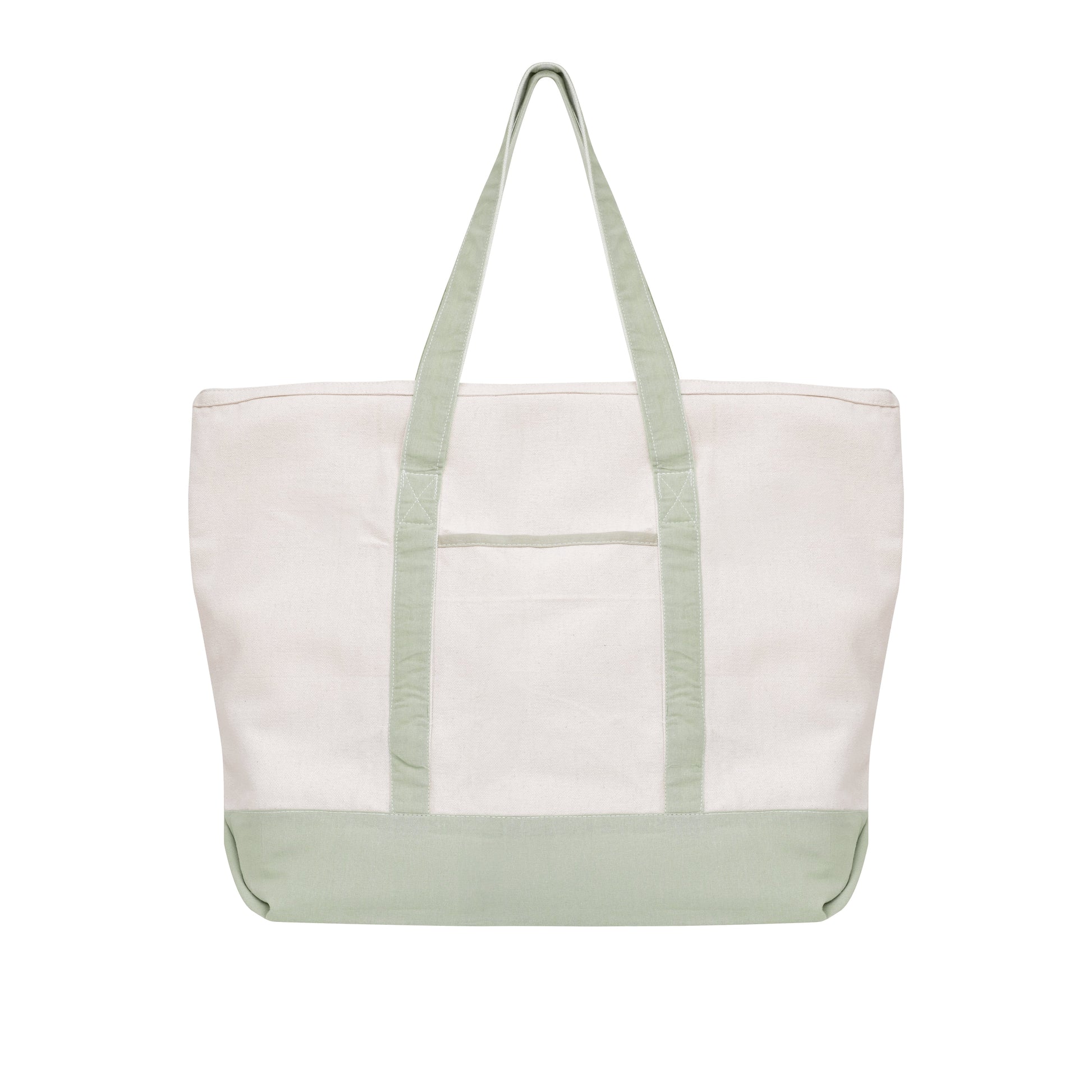 White tote bag with green accents on a white background